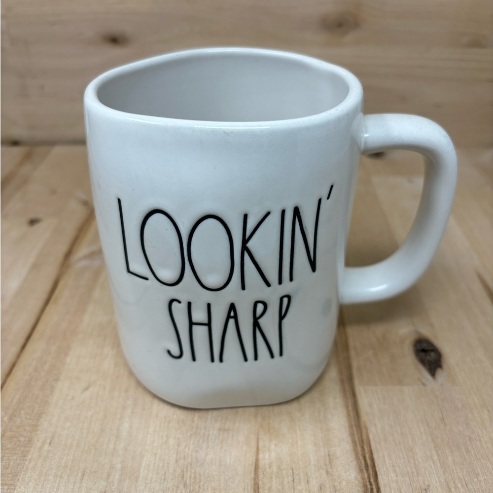 Rae Dunn LOOKIN' SHARP Mug White Ceramic Double Sided with Black Lettering New